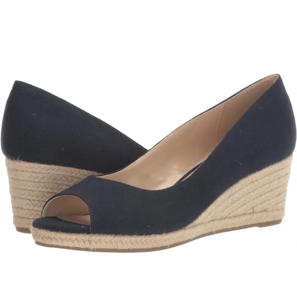 Bandolino Navy Blue Canvas Peep Toe Espadrille Wedge Sandals Womens Size 9